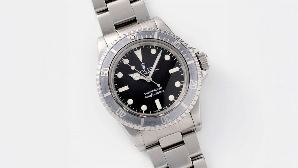 Rolex Submariner 5513 no-date dial detail showing Mercedes hands and applied hour markers