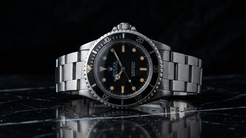 rolex submariner 5513 on it's side, black reflective surface