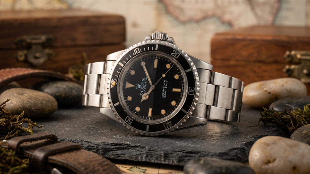 Product photo of Rolex Submariner 5513 laying on it's side, using a brown modern aesthetic