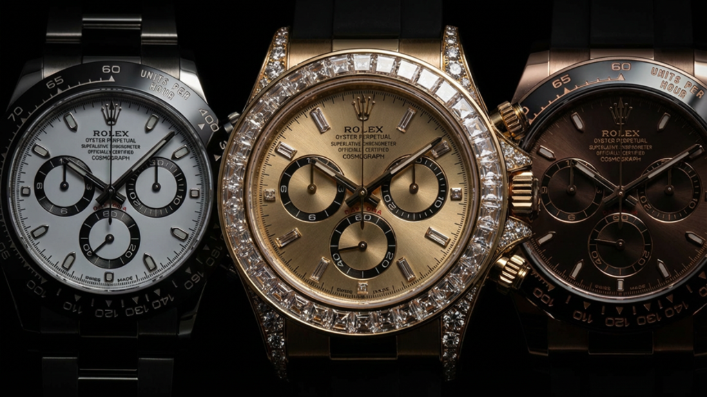Three Rolex Daytona watches lined up side by side