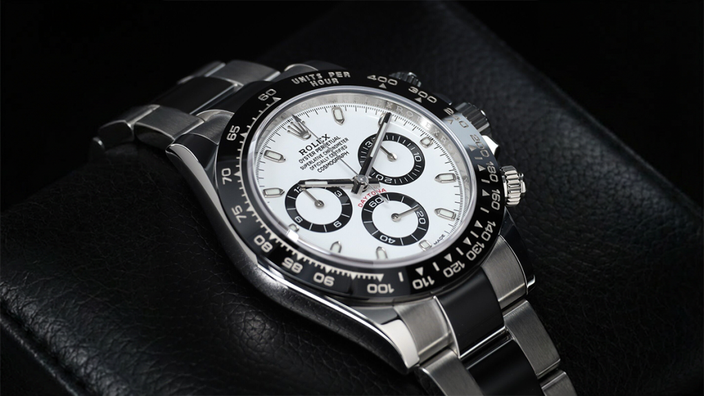 Stainless steel Rolex Daytona laid flat in landscape view