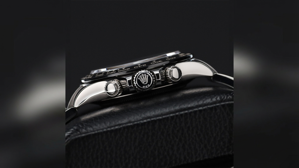 Side profile of a Rolex Daytona showing the case and bezel