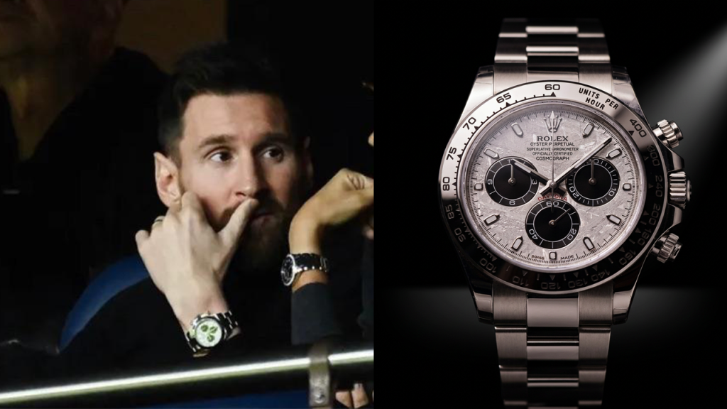 Lionel Messi wearing a Rolex Daytona 116509 meteorite dial white gold