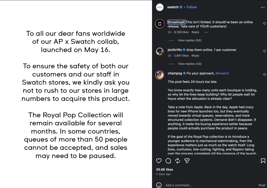 Swatch announcing that AP x Swatch Royal Pop is not a limited product and will be around for months.