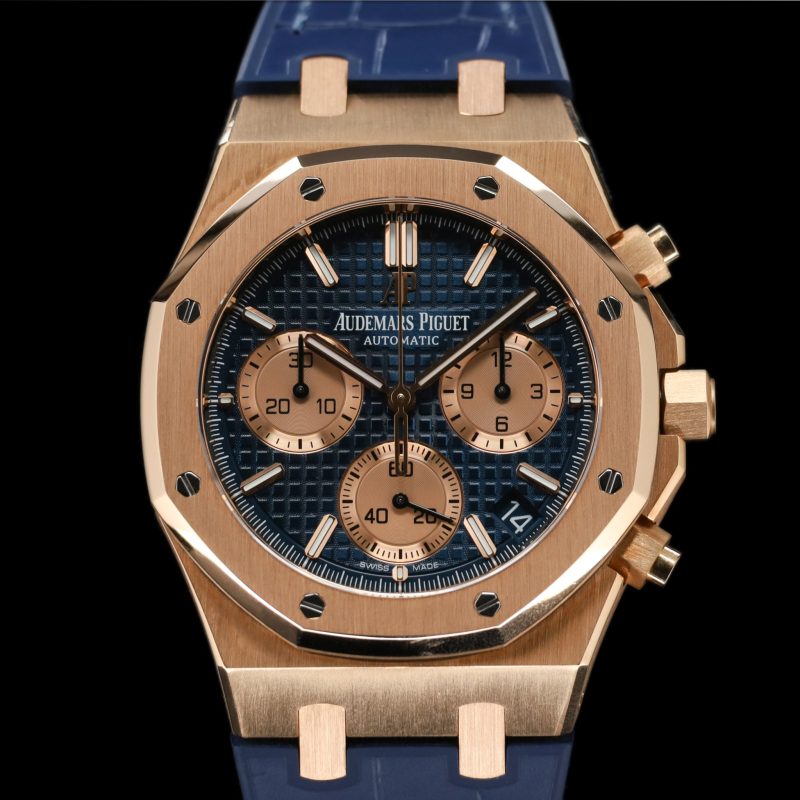 Audemars Piguet Royal Oak Chronograph 41 Rose Gold/Blue/Alligator/open caseback