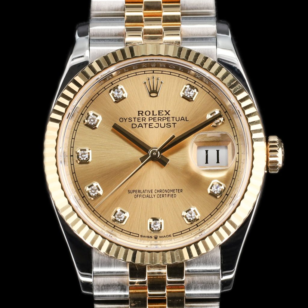 Rolex Datejust 36 Champagne Diamond Dial Two Tone Yellow Gold Fluted Bezel Bracelet
