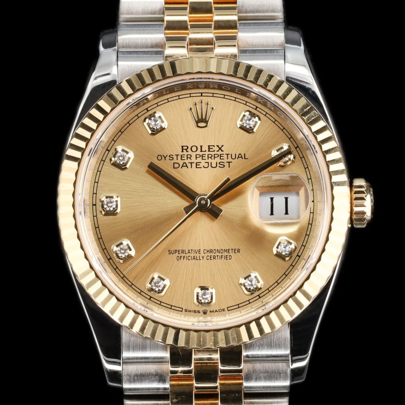 Rolex Datejust 36 Champagne Diamond Dial Two Tone Yellow Gold Fluted Bezel Bracelet