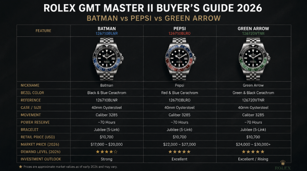 Rolex GMT Master II Batman vs Pepsi vs Green Arrow side by side comparison
