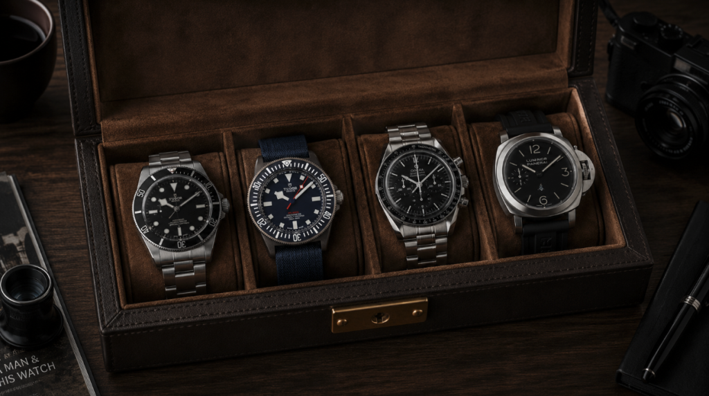 Entry-level luxury watch collection including Tudor, Omega and Panerai