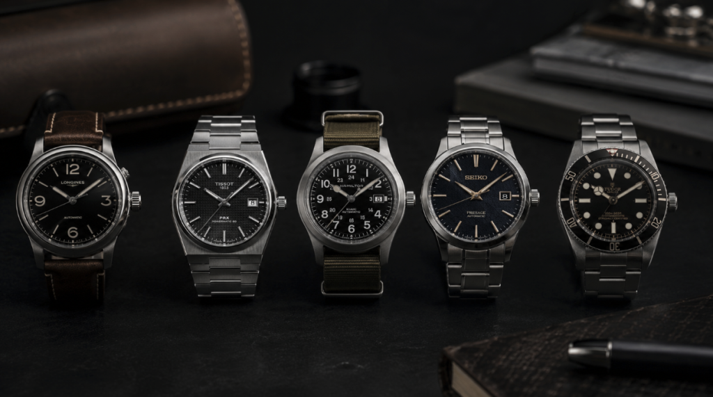 Entry-level luxury watch collection laid out together