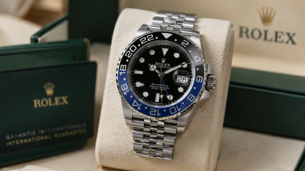 Rolex GMT Master II Batman 126710BLNR on display