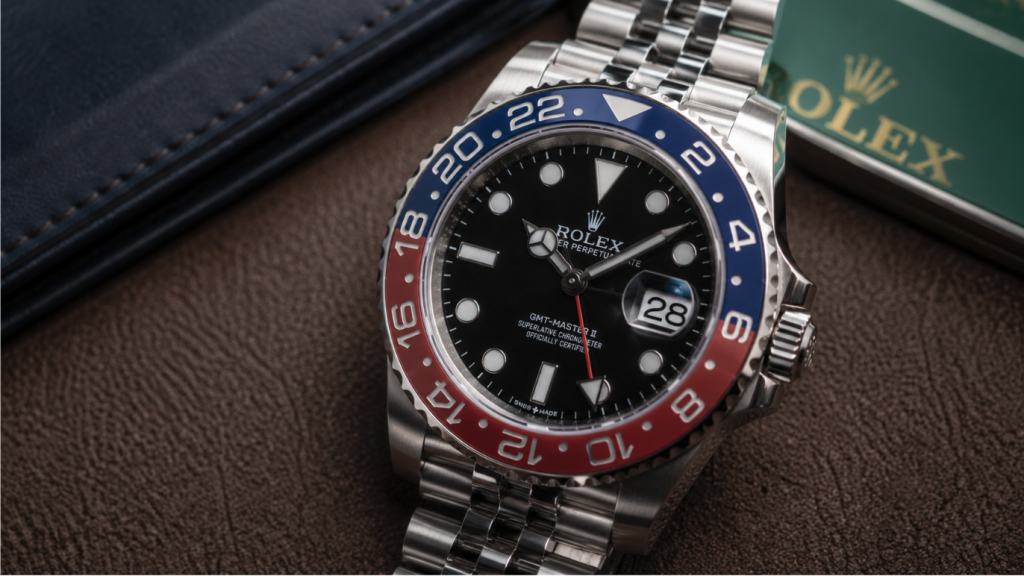Rolex GMT-Master II Pepsi product photo on brown surface