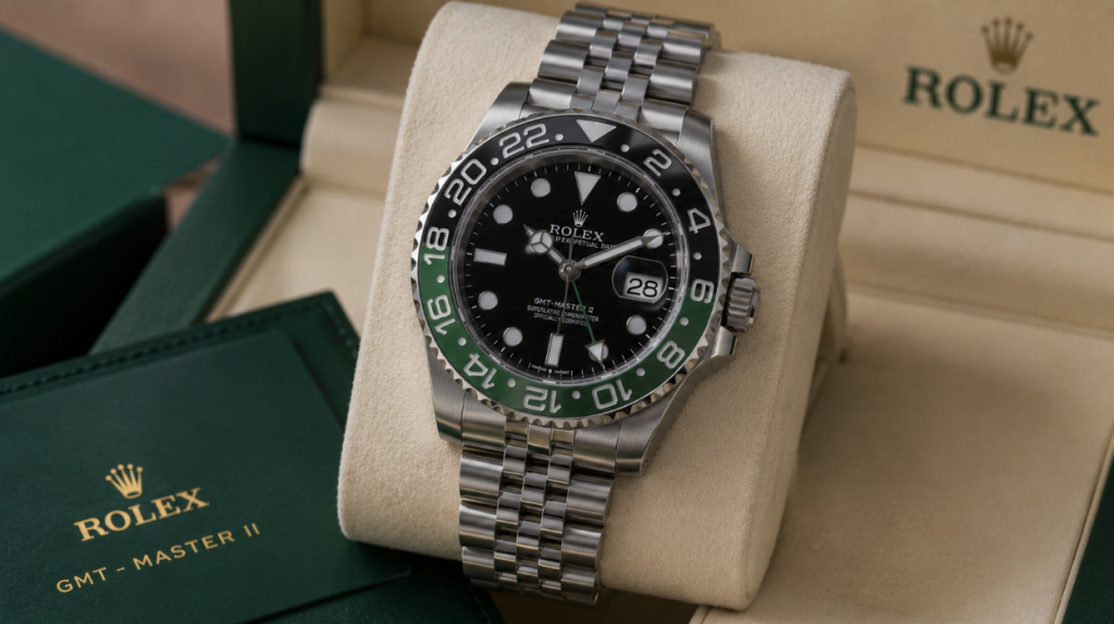 Rolex GMT Master II Green Arrow Sprite left-handed on display