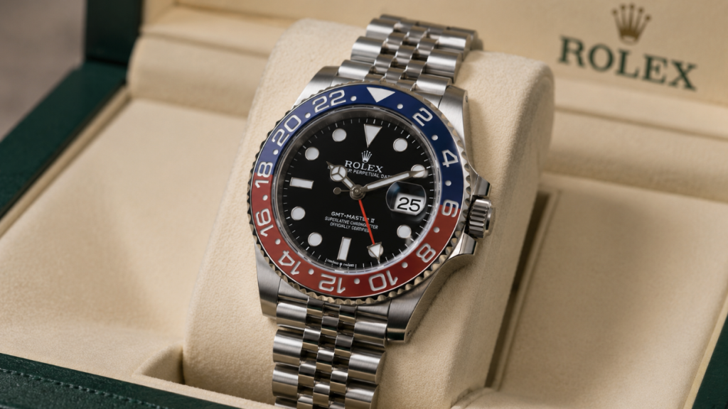 Rolex GMT Master II Pepsi 126710BLRO on display