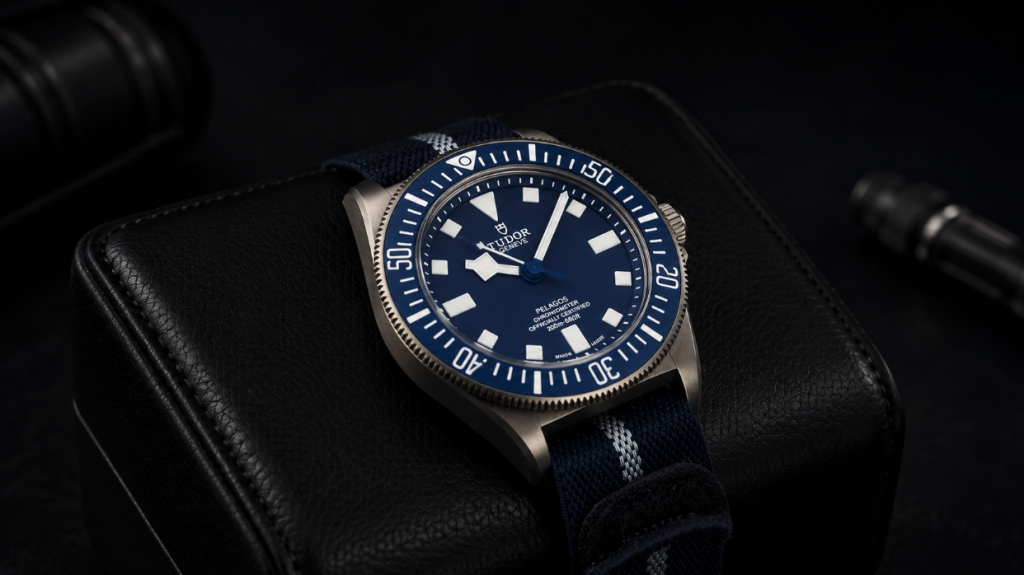 Tudor Pelagos titanium dive watch on display in its box
