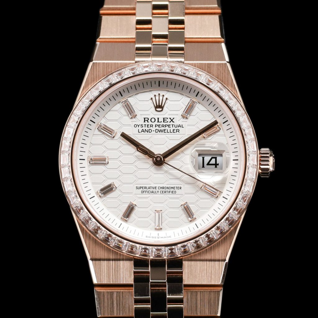 Rolex Land-Dweller Rose Gold White Dial Diamond Bezel