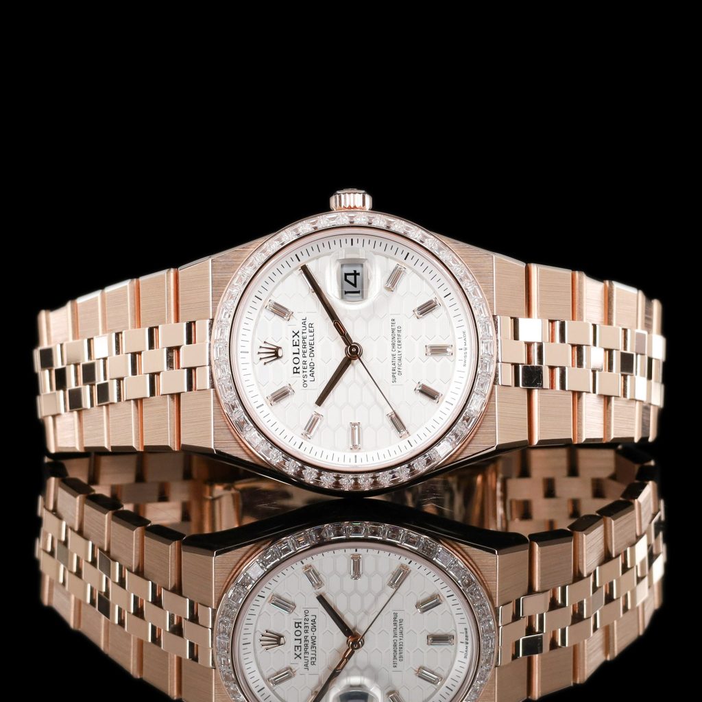 Rolex Land-Dweller Rose Gold White Dial Diamond Bezel